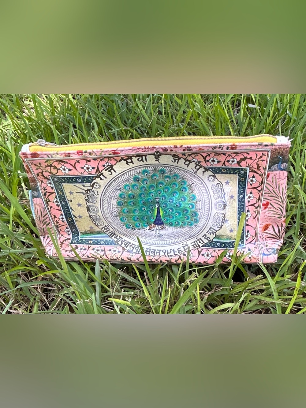 Papaya Pink and Green Peacock Zip Cosmetic Pouch